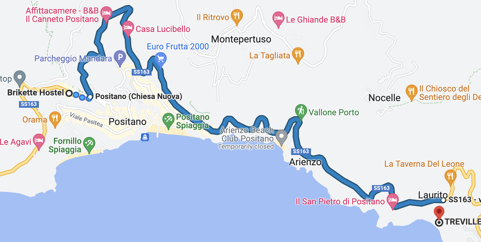Karta över Interno-bussens rutt i Positano