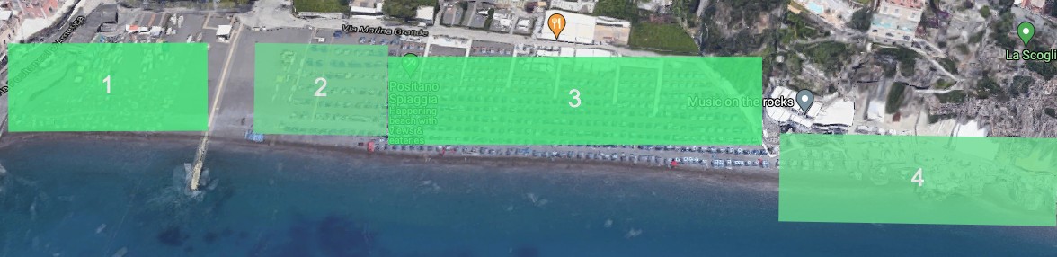 Carte de la plage montrant la section libre, la section des résidents, L'Incanto et La Scogliera à Spiaggia Grande
