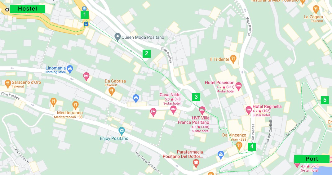 Hostel Brikette에서 포지타노 항구까지의 도보 경로 지도 개요