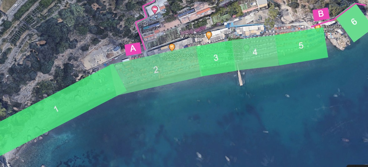 Fornillo beach layout map showing paths from hostel and Spiaggia Grande, plus beach club locations
