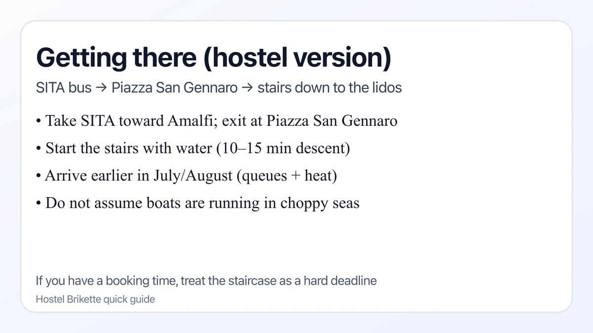 Infografía con pasos para llegar a Gavitella Beach desde la parada de autobús SITA en Praiano