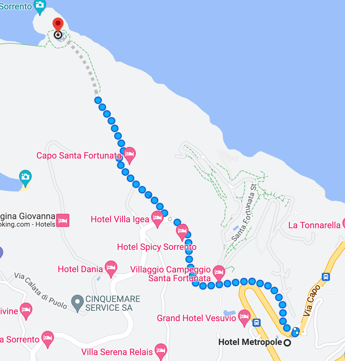 Captura de mapa mostrando la ruta a pie por Via Capo hacia la zona de Bagni della Regina Giovanna