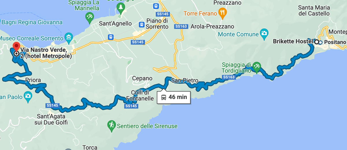 Captura de mapa mostrando la ruta del bus desde Positano hacia Sorrento (parada Hotel Metropole)