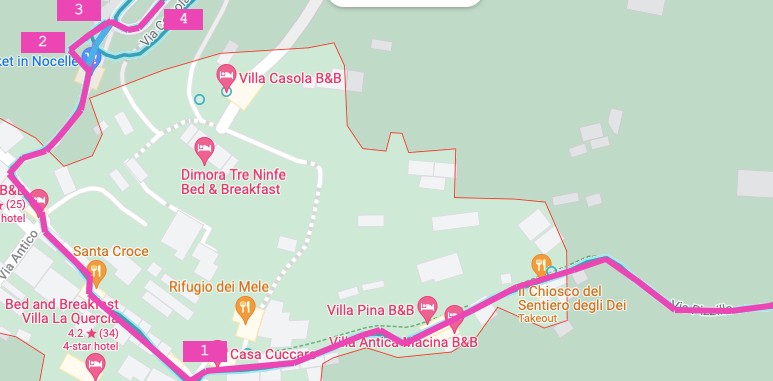 Nocelle village navigation map showing route to bus stop and staircase warning