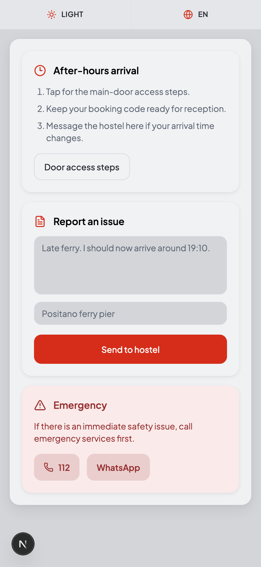 Support and messaging screen in the Brikette app.