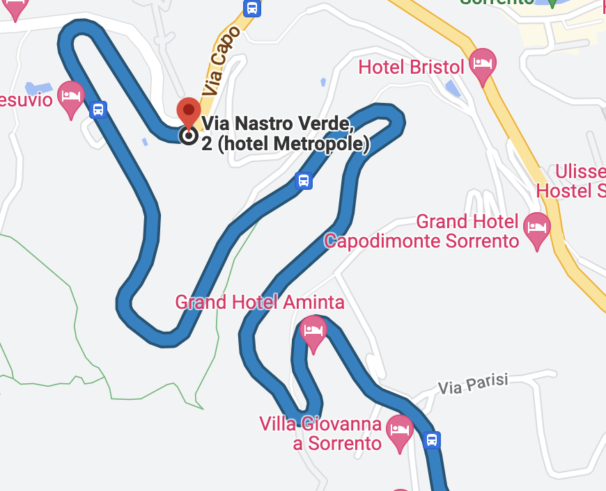 Map screenshot showing Hotel Metropole at the Via Capo junction in Sorrento
