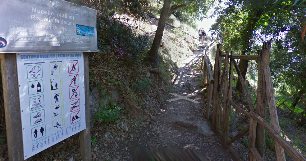 Trail entrance notice board and sign for Sentiero degli Dei (Path of the Gods)