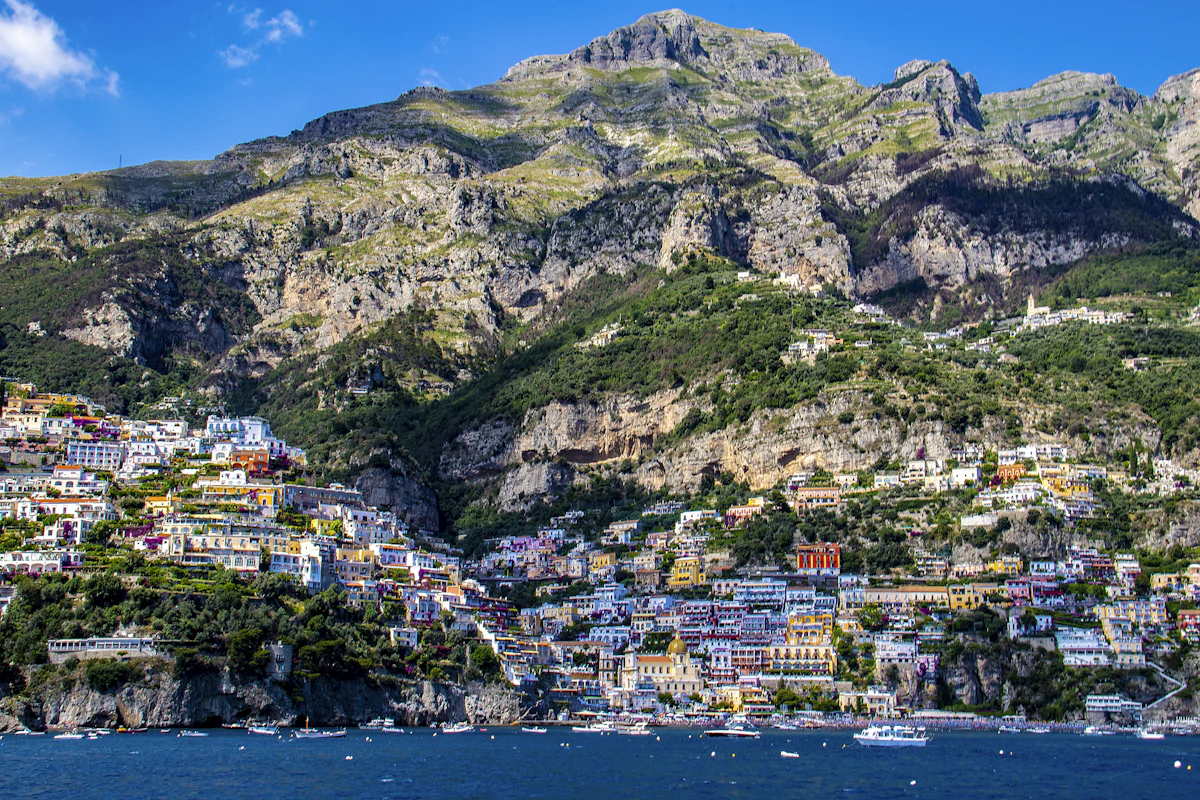 Sunset view over Positano and the Amalfi Coast from above the village.