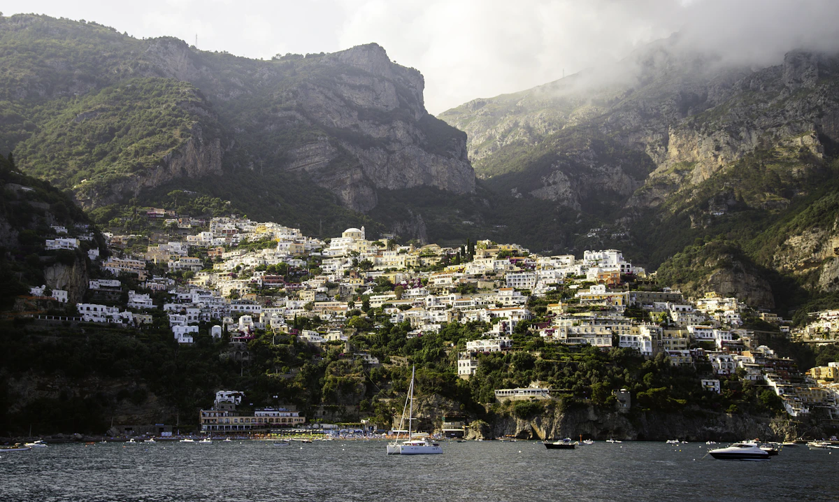 Beachfront restaurant tables on the Positano waterfront.